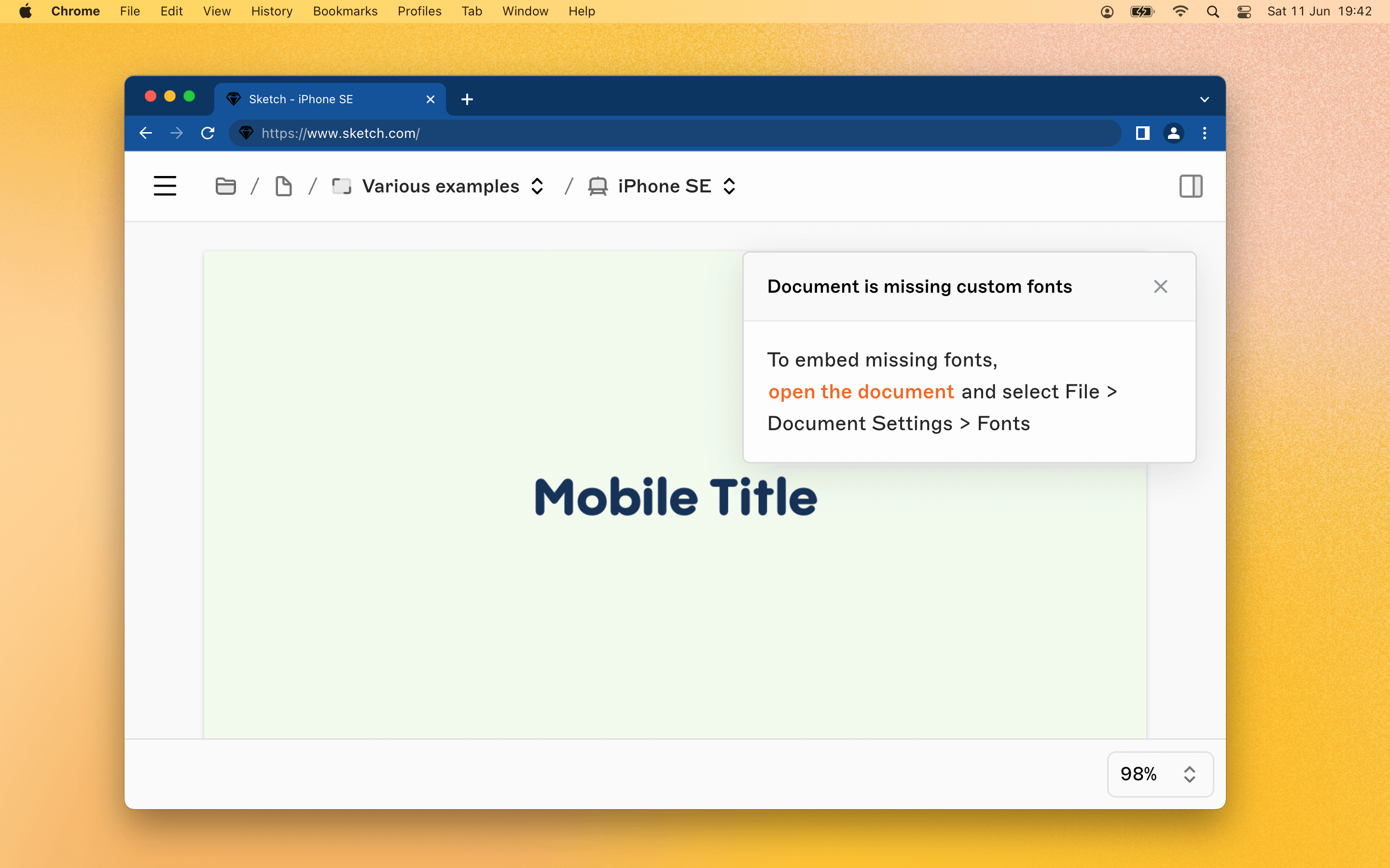 Missing font notification in the Web app